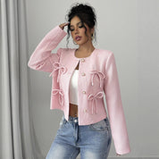 Genevieve Lachance | Pink Tweed Bow Cropped Jacket For Women