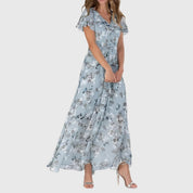 Rosalinda Vaumont | Peach Floral Maxi Dress with Flutter Sleeves