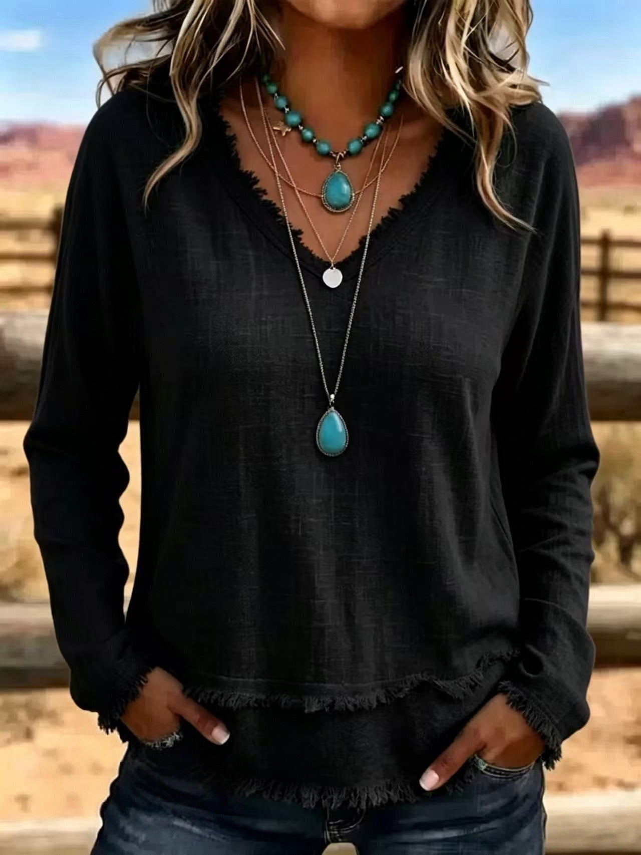 Isabelle Rousseau | Frayed V-Neck Long Sleeve Top For Women