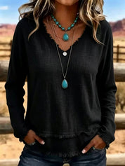 Isabelle Rousseau | Frayed V-Neck Long Sleeve Top For Women
