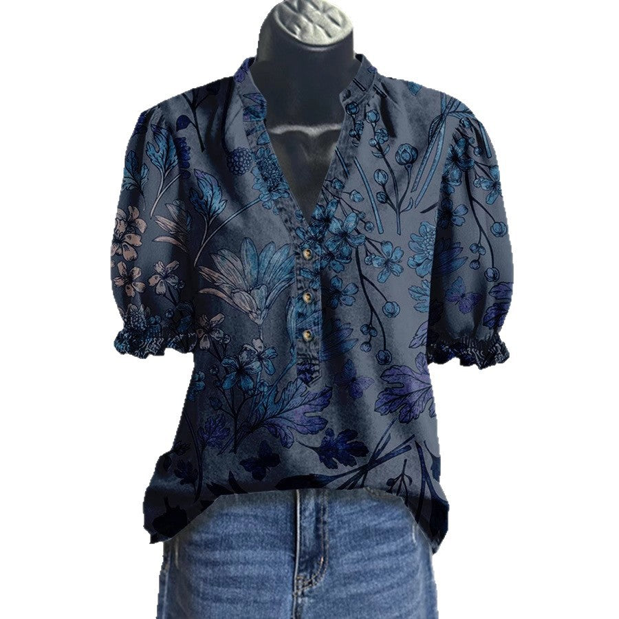 Sylvie Montclair | Floral Print V-Neck Blouse For Women