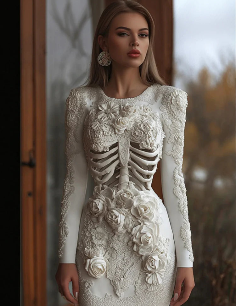 Seraphine Blackwood | Halloween Skeleton Print Long Sleeve Maxi Dress For Women