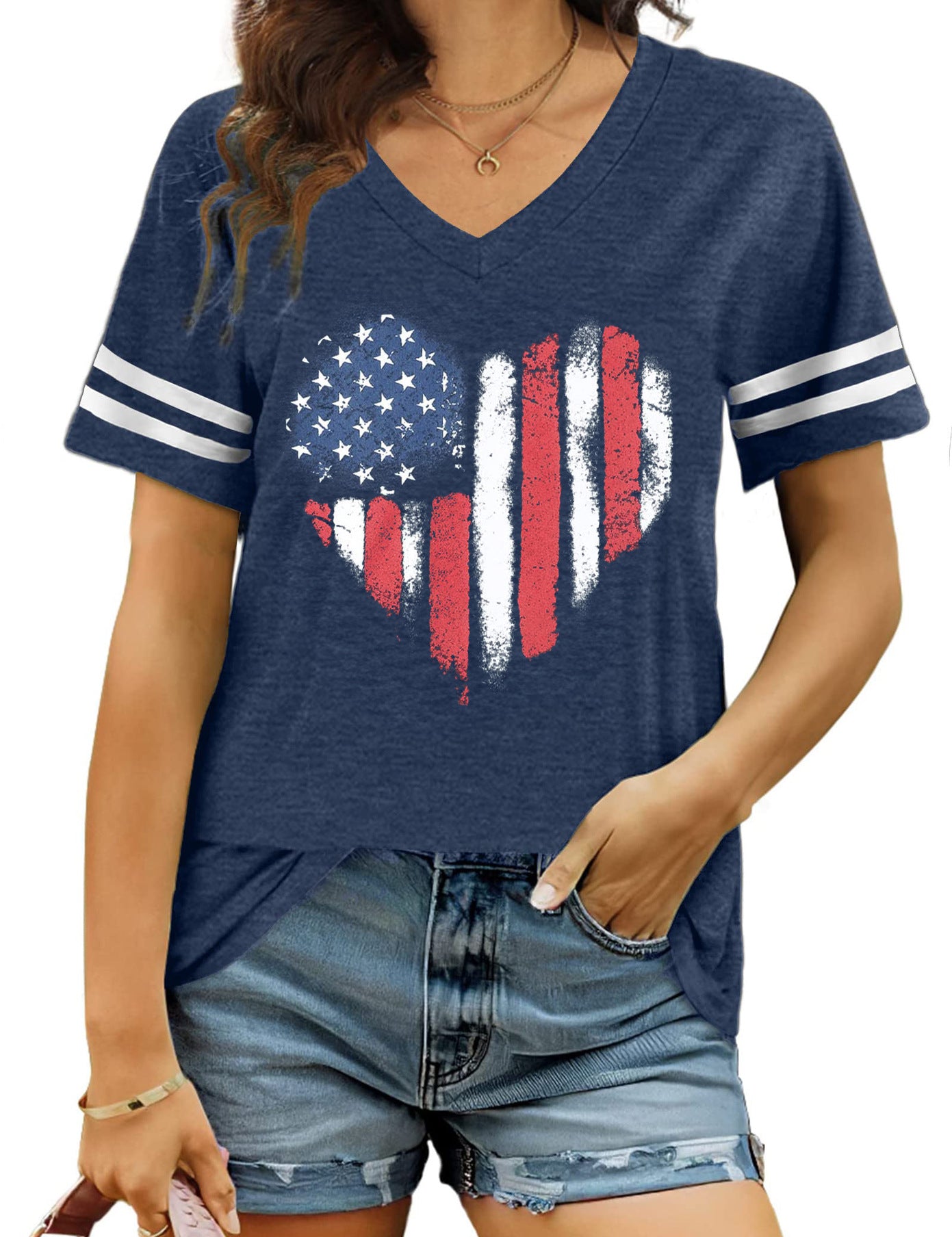 Hazel Drummond | American Flag Heart Print V-Neck T-Shirt For Women