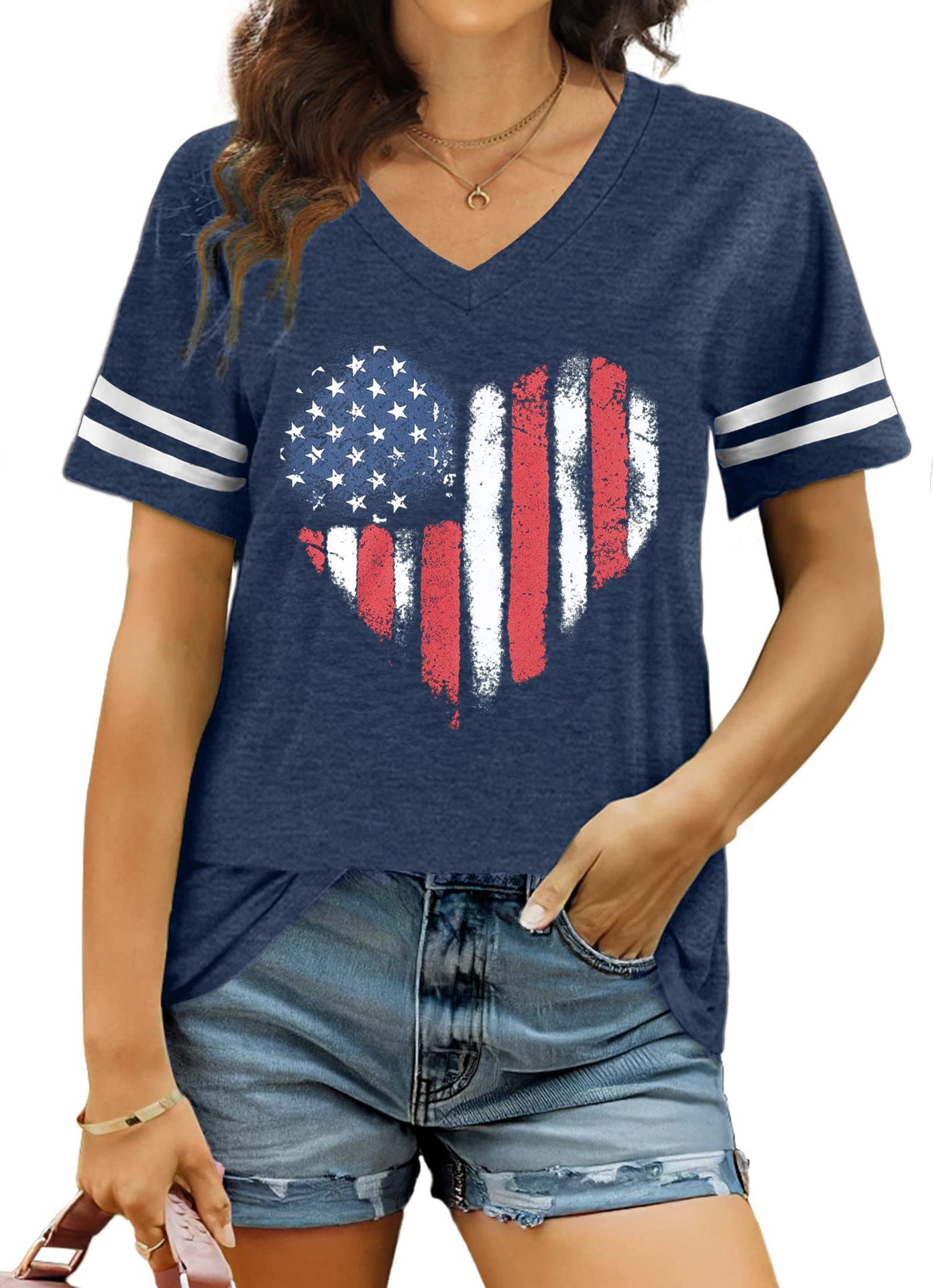 Hazel Drummond | American Flag Heart Print V-Neck T-Shirt For Women