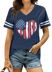 Hazel Drummond | American Flag Heart Print V-Neck T-Shirt For Women