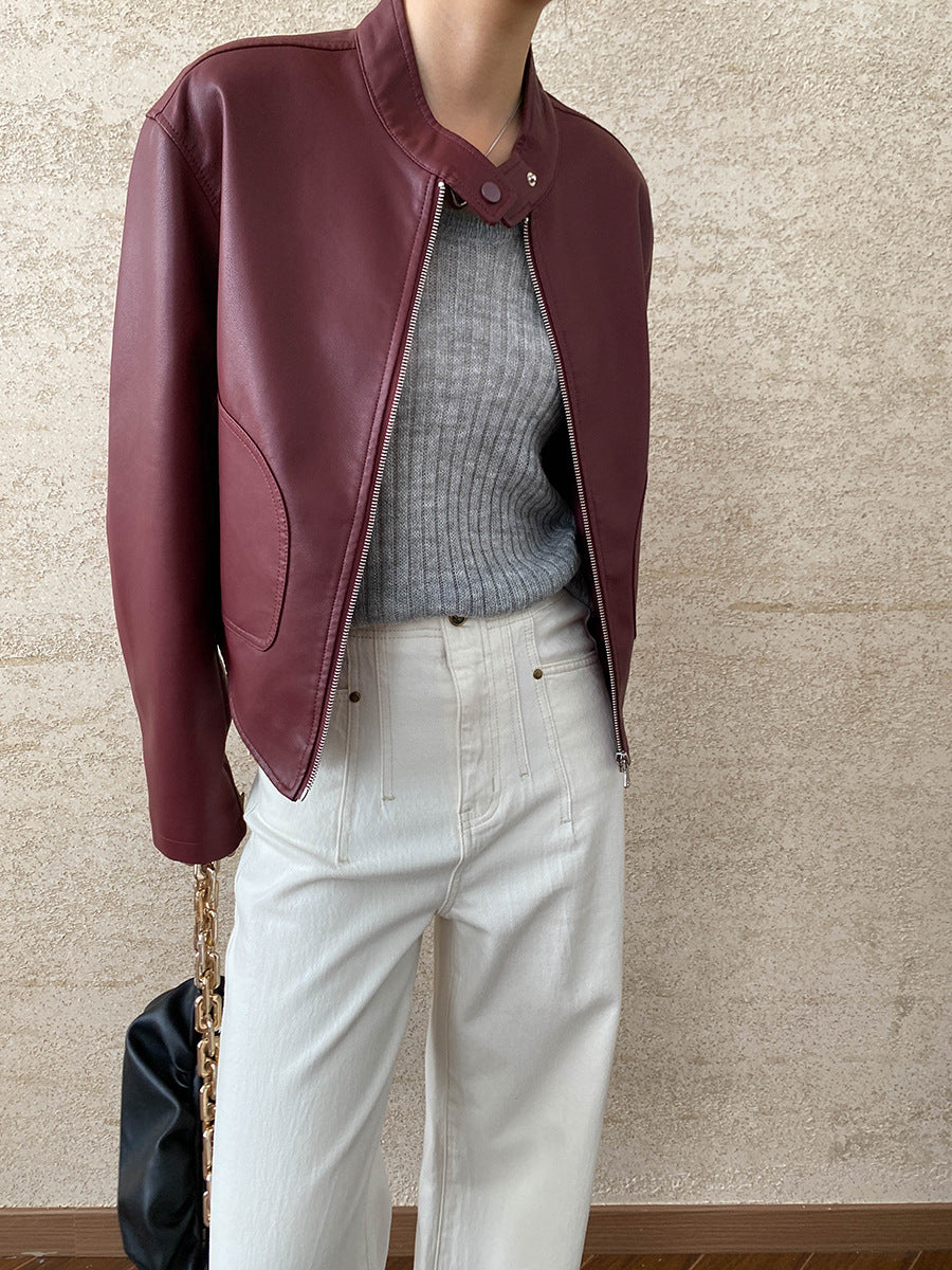 Elodie Marchand | Stand Collar Leather Jacket For Women