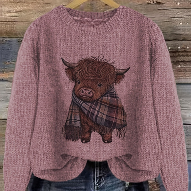 Marguerite Vaillant | Highland Cow Print Knit Sweater For Women