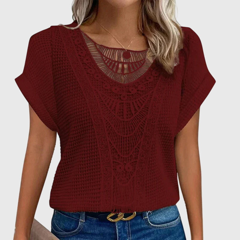 Clarisse Montveil | Cream Lace Detail Waffle Knit Blouse