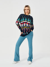 Snowy Cheer | Navy Santa Print Christmas Sweater For Women