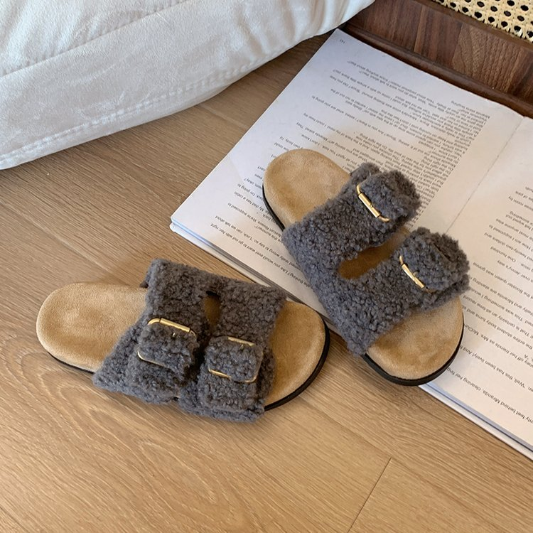 Wynn Goldcombe | Fuzzy Double Buckle Slide Slippers For Women