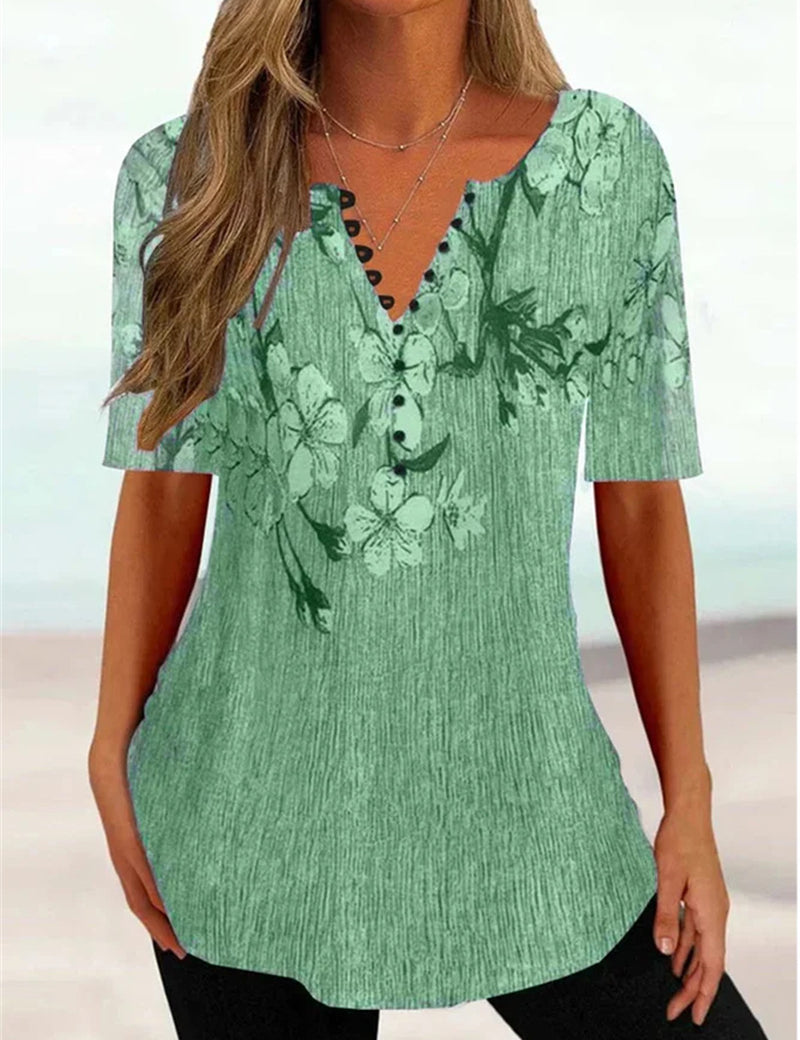 Charlotte Winslow | Floral Button V-Neck Top For Women