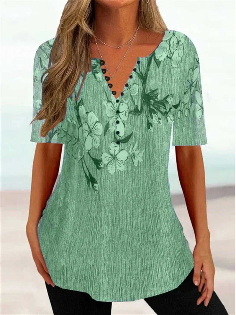 Charlotte Winslow | Floral Button V-Neck Top For Women