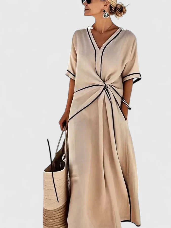 Colette Vauclaire | Beige V-Neck Twist Waist Maxi Dress