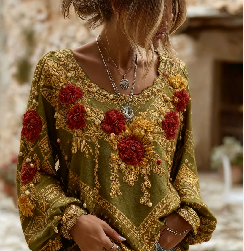 Ines Delacourt | Floral Embroidered Boho Blouse For Women