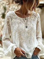 Colette Rimbaud | Retro Bohemian Floral Linen Blouse For Women