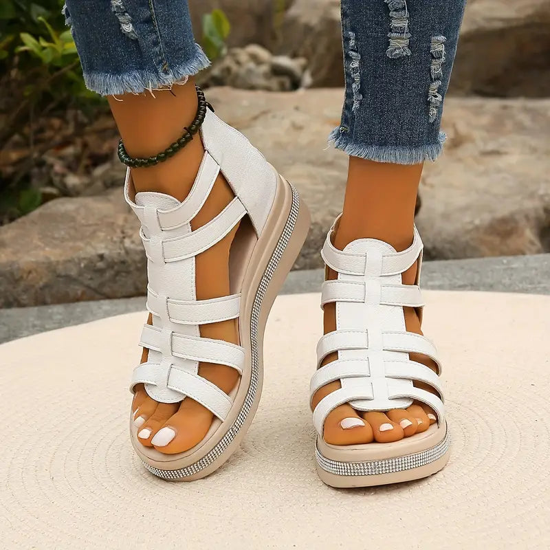 Luciana Stormvale | Black Gladiator Platform Sandals with Rhinestone Detail