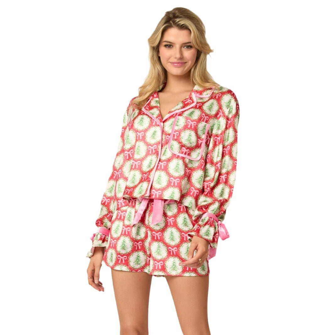 Bow Darling | Pink Santa Wreath Print Christmas Pyjamas For Women