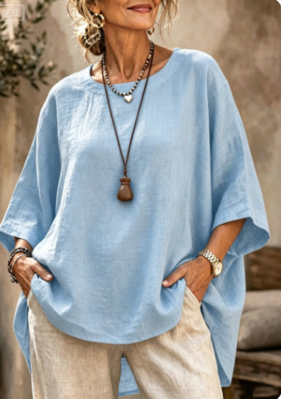 Cecile Fontainebleau | Relaxed Linen-Blend Crew Neck Top For Women