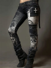 Vivienne Hartley | Patchwork Cat & Skull Print Leggings For Women