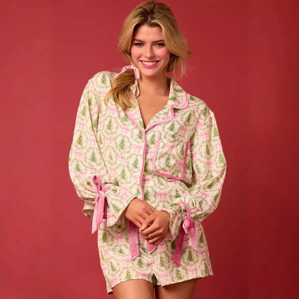 Bow Darling | Pink Santa Wreath Print Christmas Pyjamas For Women
