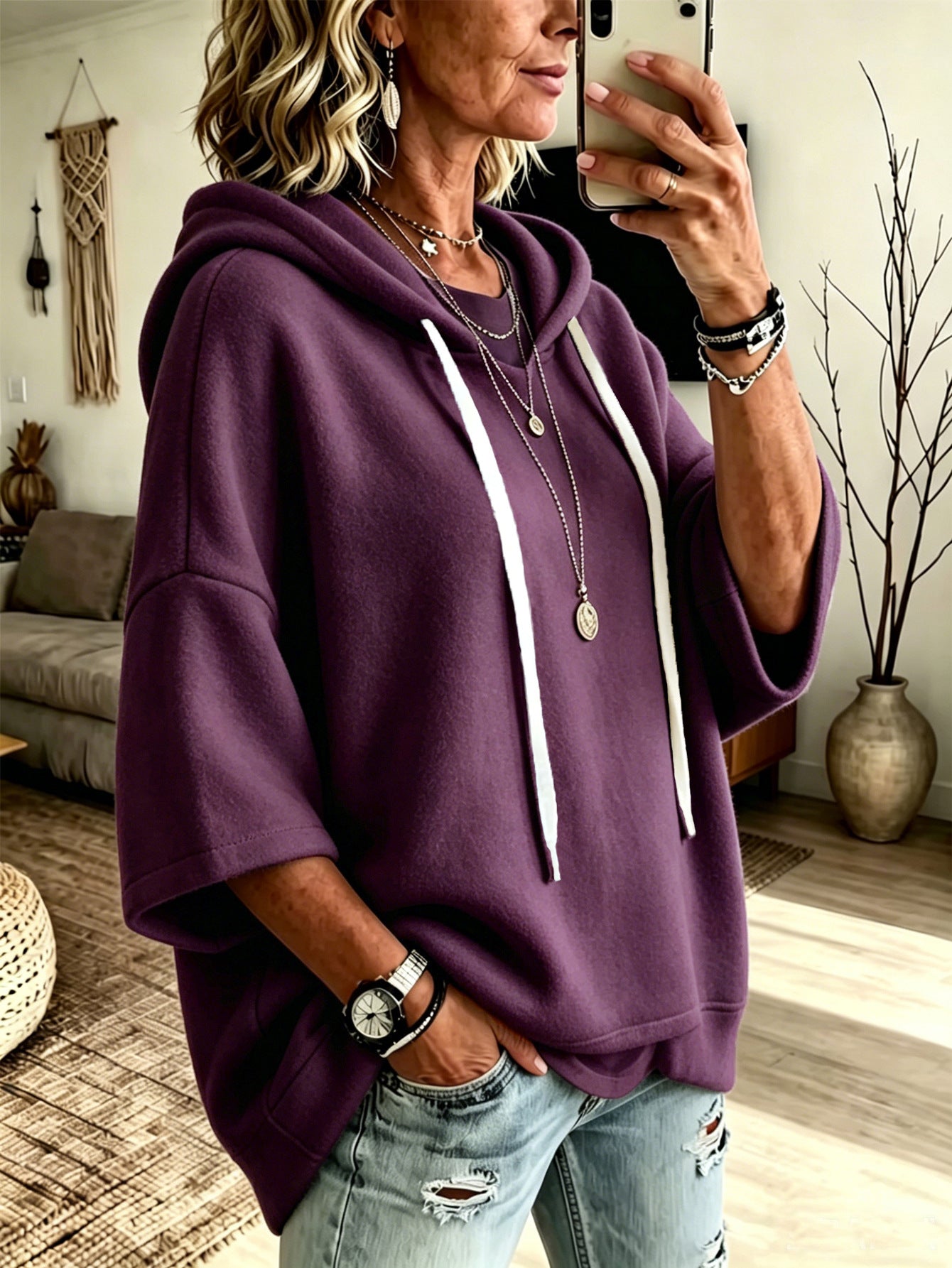 Bridget Calloway | Oversized Fleece Hoodie With 3/4 Sleeves For Women