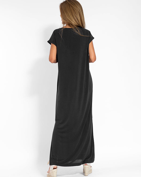 Margeline Vossclair | Coral V-Neck Side Slit Maxi Dress
