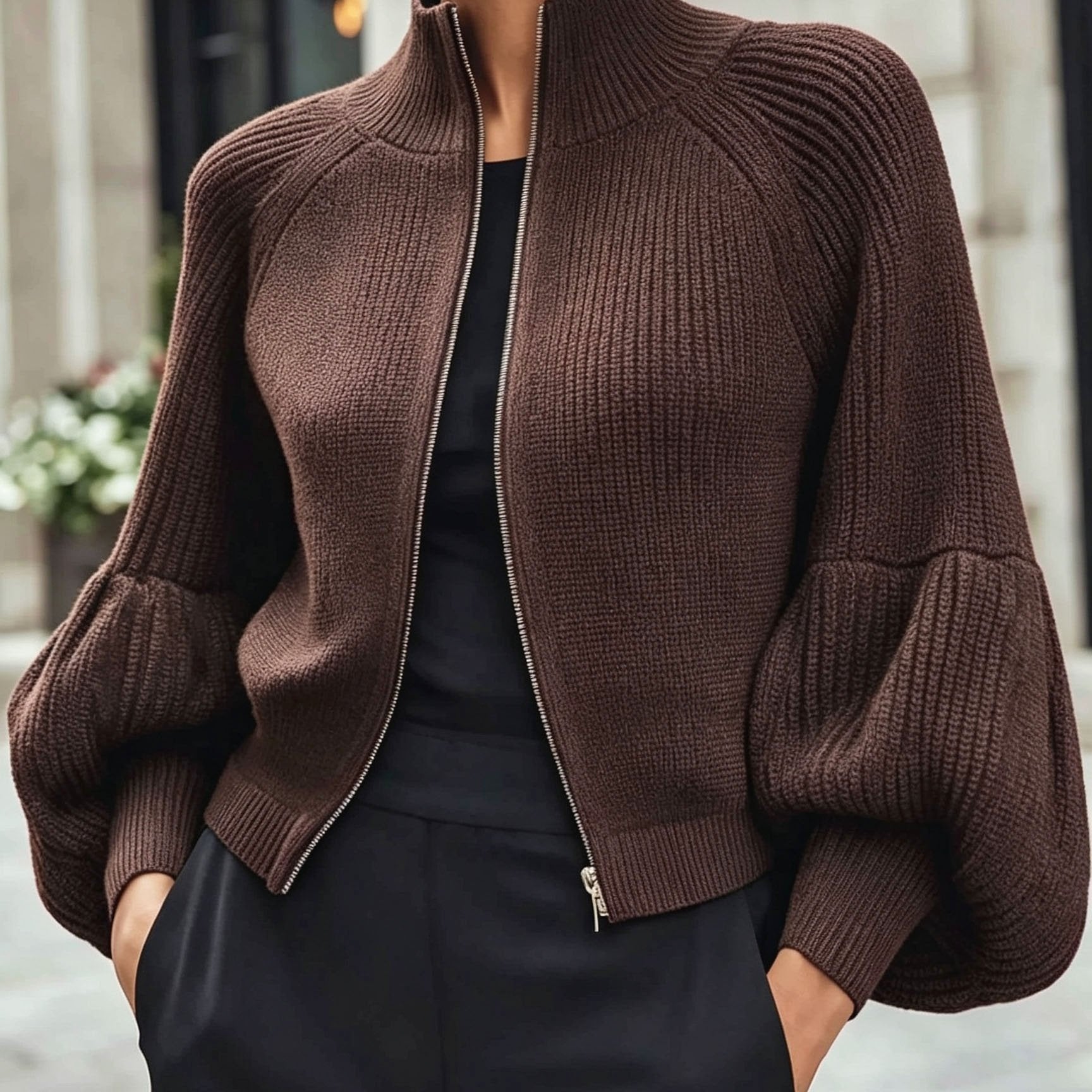 Isadora Pelletier | Puff-Sleeve Zip-Up Sweater For Women