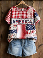 Brielle Davenport | Patchwork Patriotic Short Sleeve Top For Women