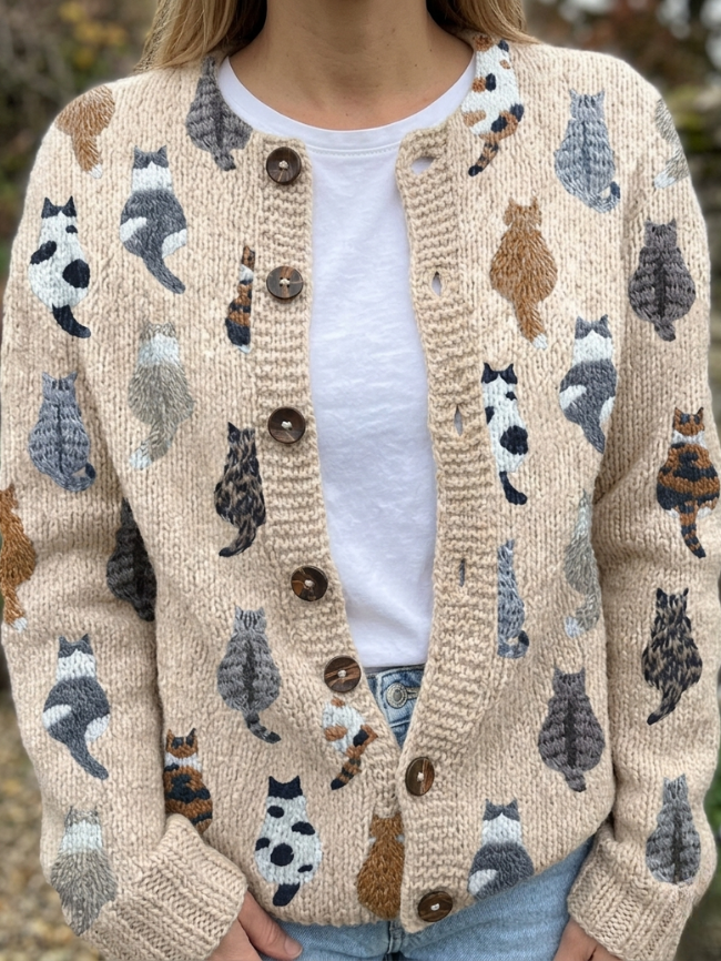 Vivienne Castellane | Stylish Soft Cat Pattern Cardigan For Women