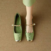 Celestine Ashvale | Green Pearl Strap Mary Jane Low Block Heel