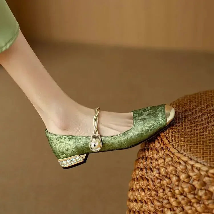 Celestine Ashvale | Green Pearl Strap Mary Jane Low Block Heel