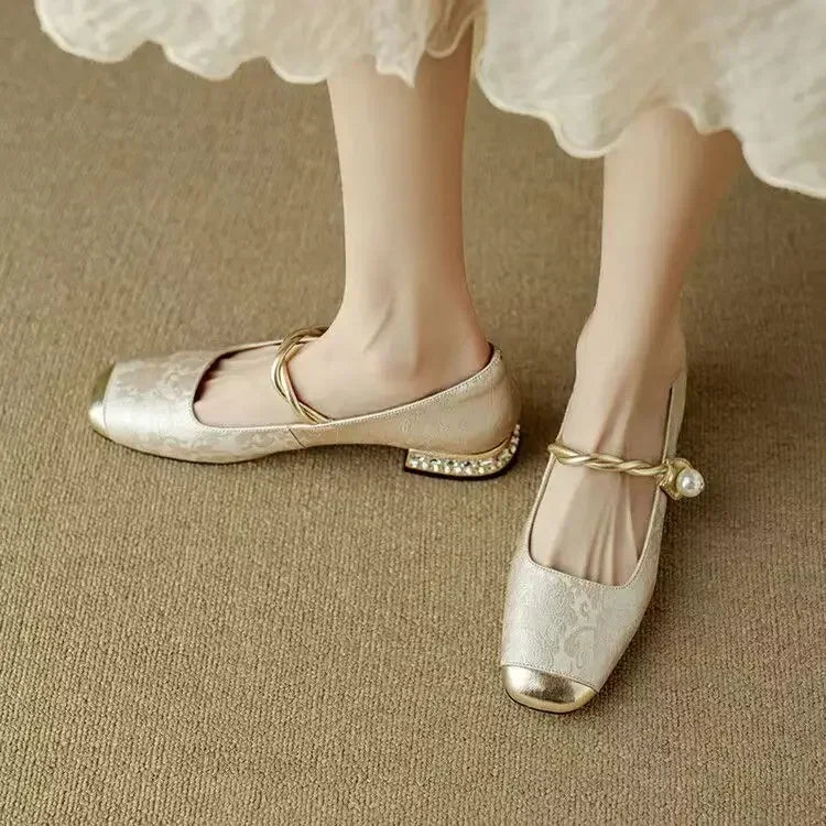 Celestine Ashvale | Green Pearl Strap Mary Jane Low Block Heel
