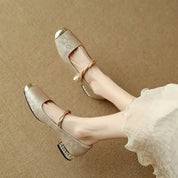 Celestine Ashvale | Green Pearl Strap Mary Jane Low Block Heel