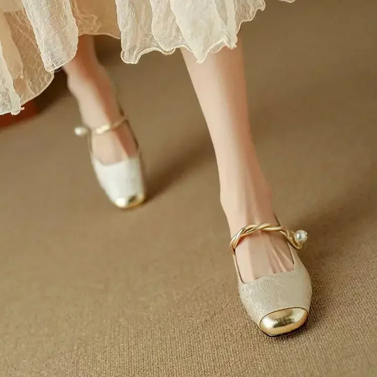 Celestine Ashvale | Green Pearl Strap Mary Jane Low Block Heel