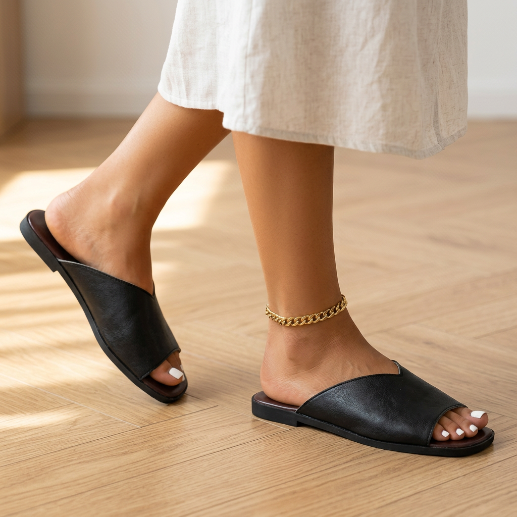 Séraphine Dawnbury | Black Flat Open-Toe Slide Sandals