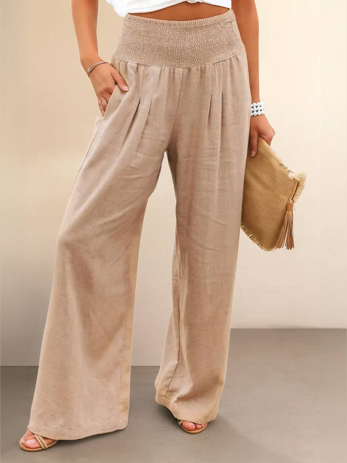 Margeline Beauvais | Wide Leg Linen-Look Pants with Smocked Waistband