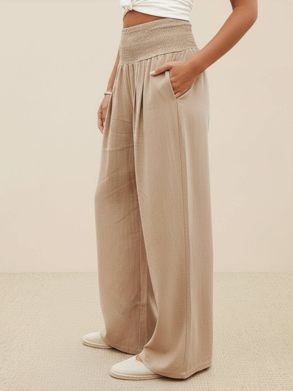 Margeline Beauvais | Wide Leg Linen-Look Pants with Smocked Waistband