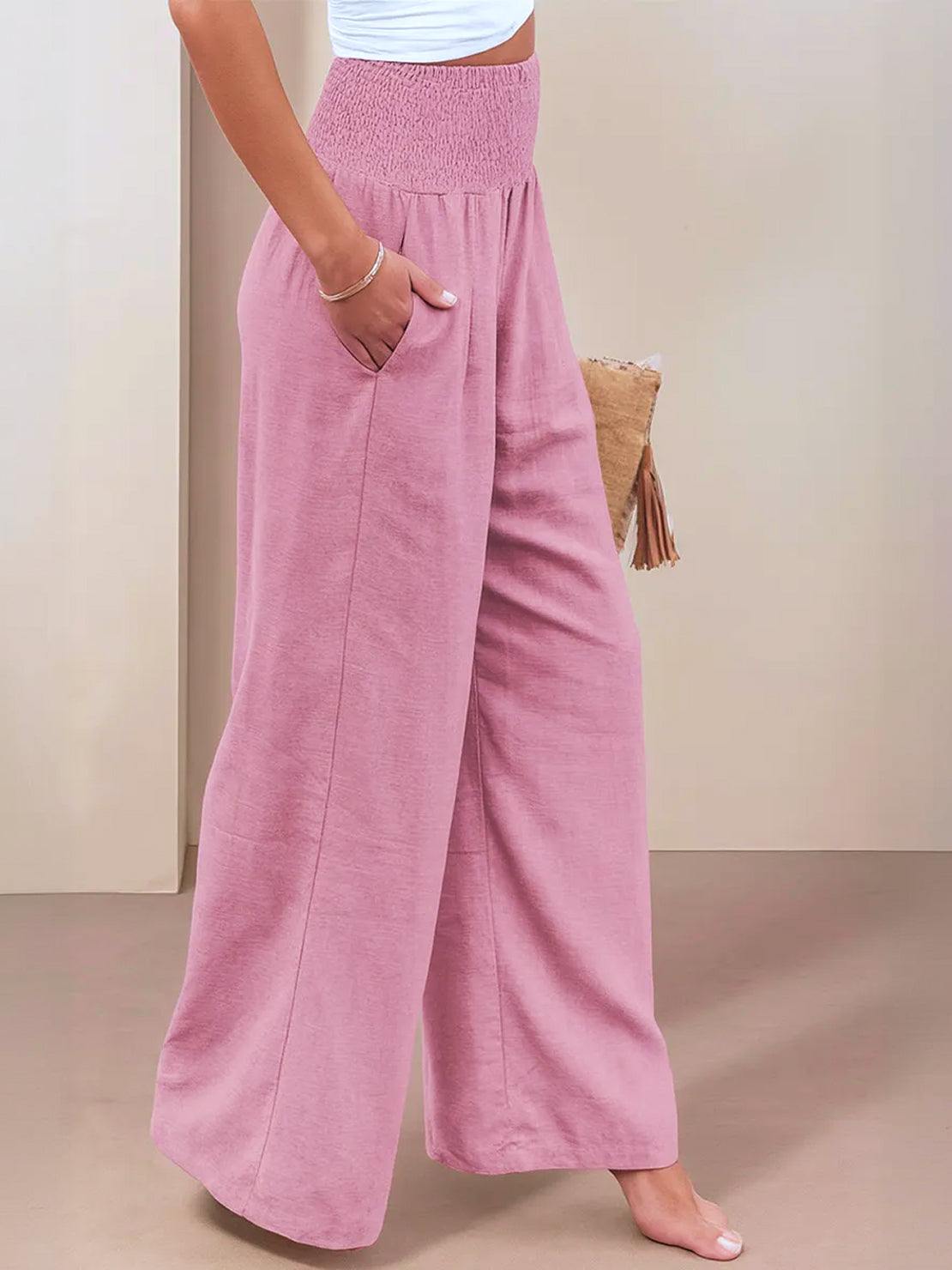 Margeline Beauvais | Wide Leg Linen-Look Pants with Smocked Waistband