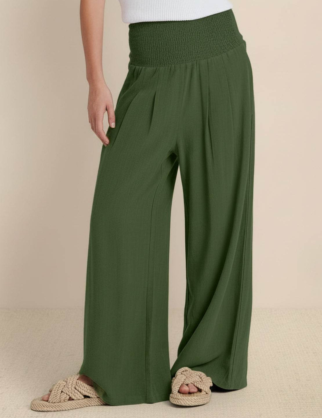 Margeline Beauvais | Wide Leg Linen-Look Pants with Smocked Waistband