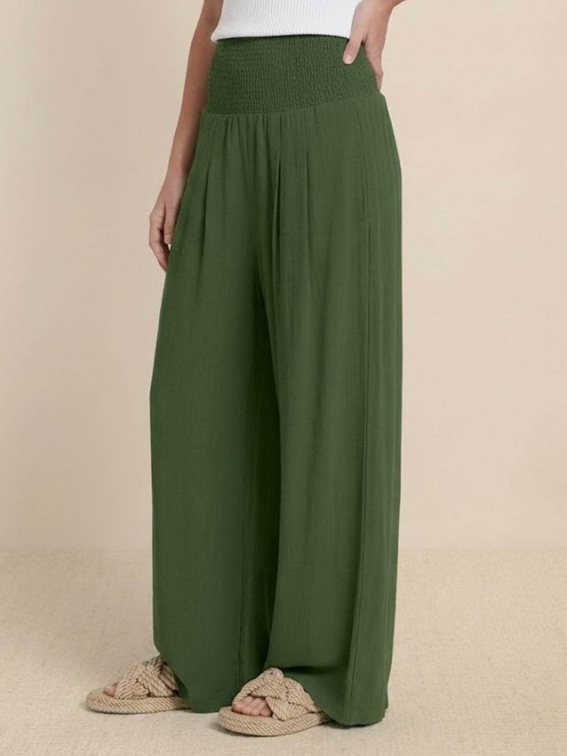 Margeline Beauvais | Wide Leg Linen-Look Pants with Smocked Waistband