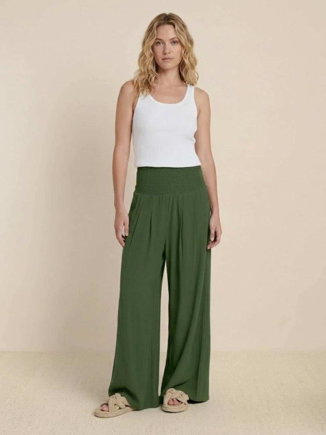 Margeline Beauvais | Wide Leg Linen-Look Pants with Smocked Waistband