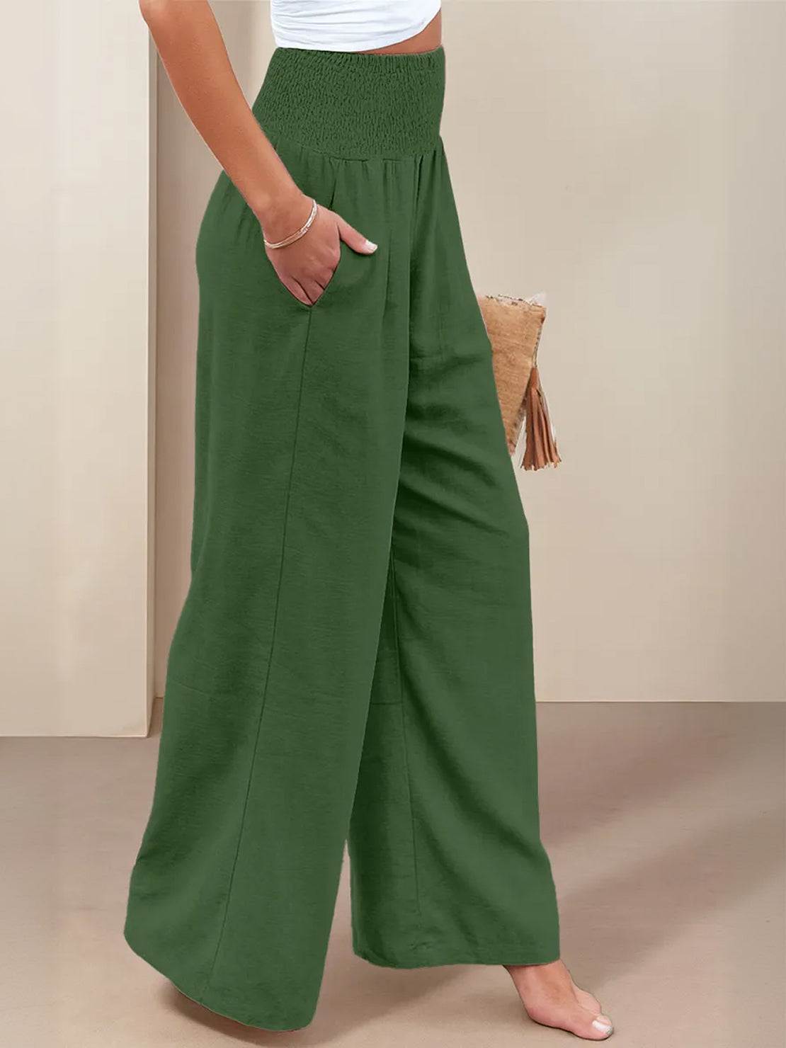 Margeline Beauvais | Wide Leg Linen-Look Pants with Smocked Waistband