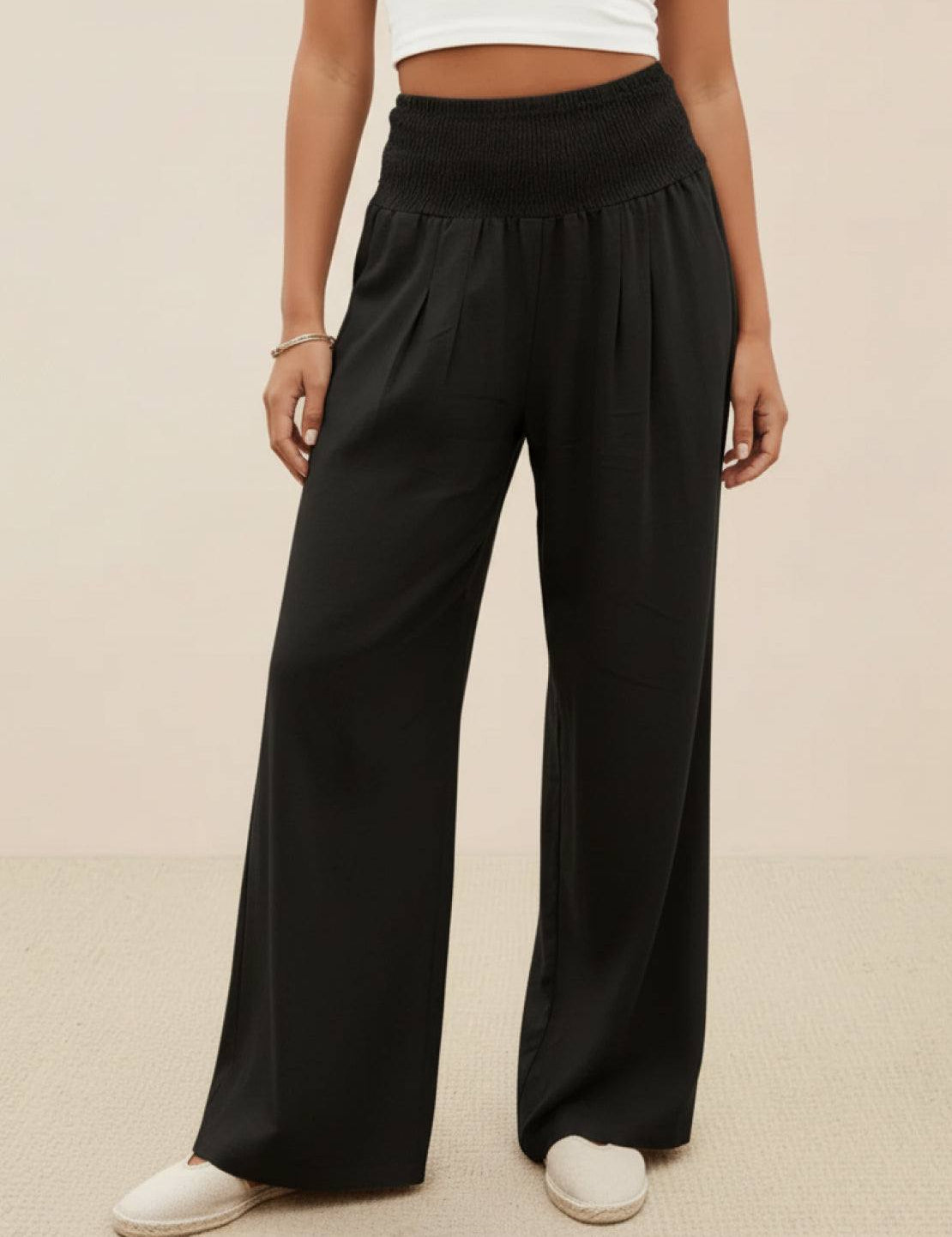 Margeline Beauvais | Wide Leg Linen-Look Pants with Smocked Waistband