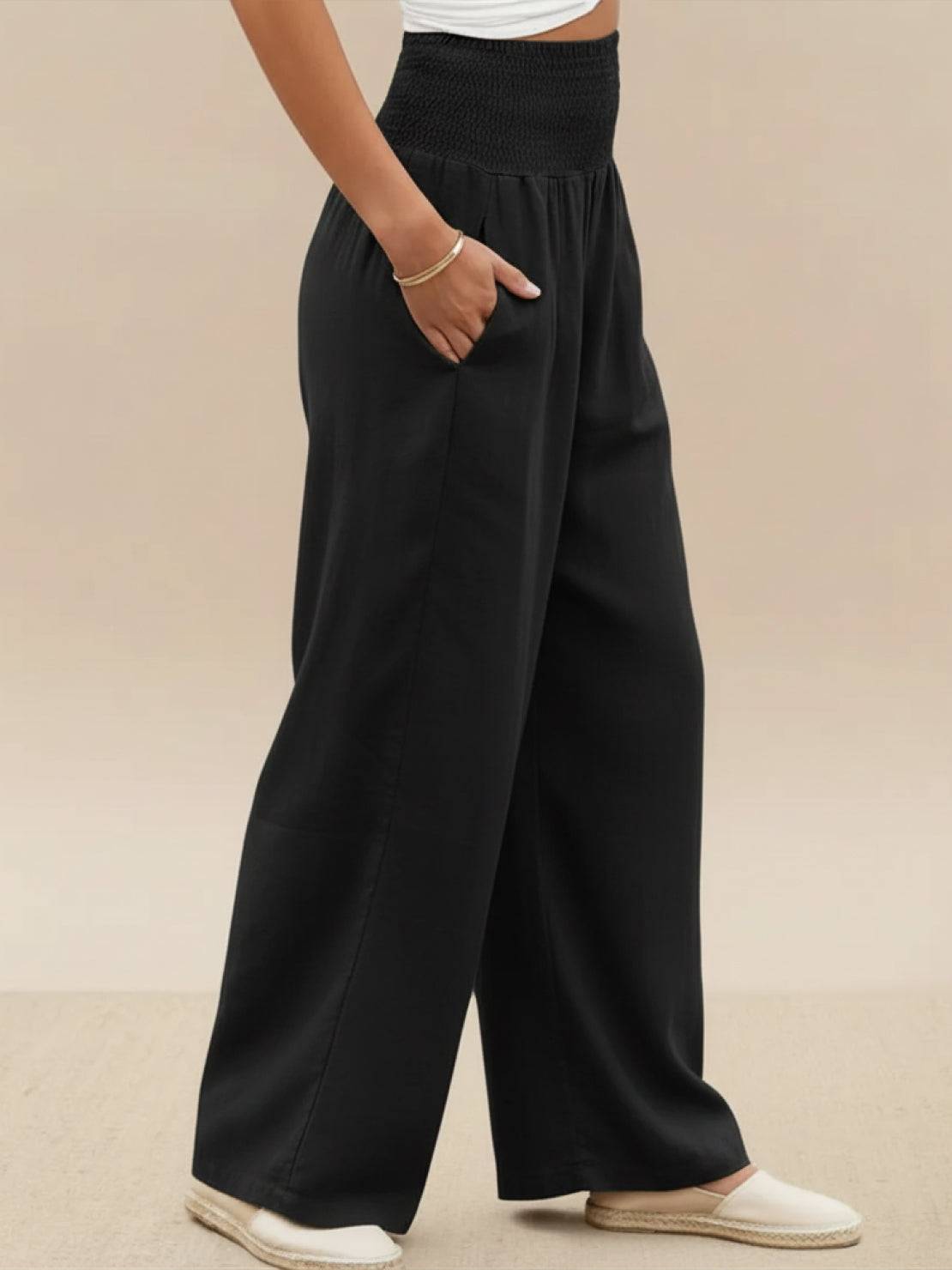 Margeline Beauvais | Wide Leg Linen-Look Pants with Smocked Waistband