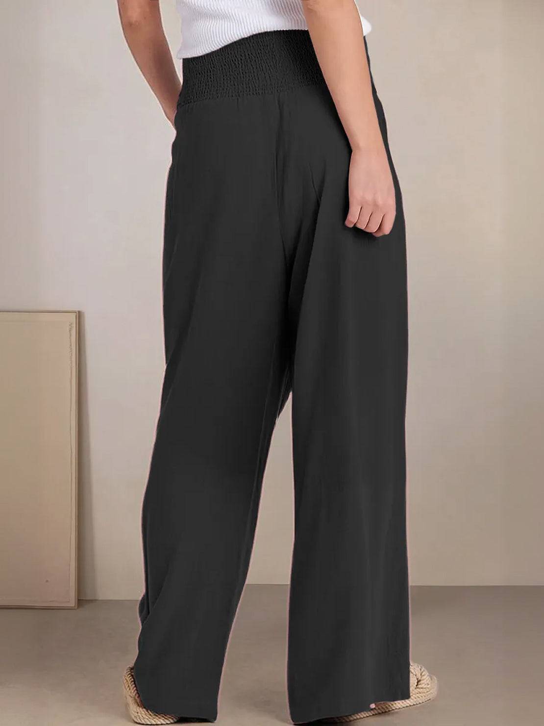 Margeline Beauvais | Wide Leg Linen-Look Pants with Smocked Waistband