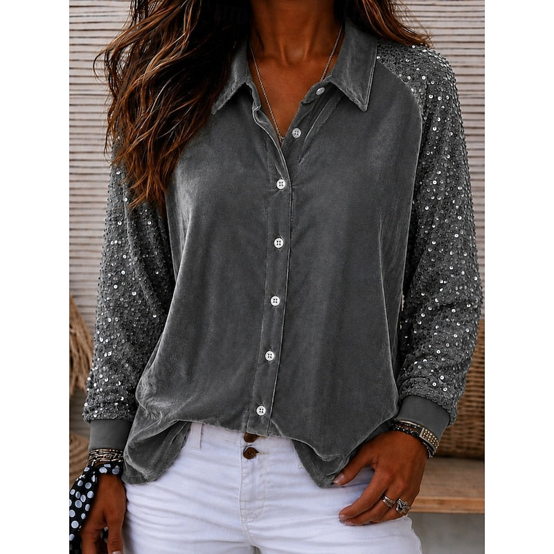 Ines Charton | Sequin Sleeve Velvet Shirt For Women