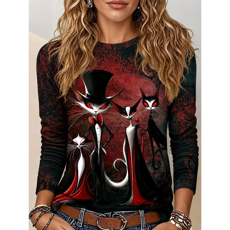 Beatrice Amaro | Gothic Cat Print Long-Sleeve Top For Women