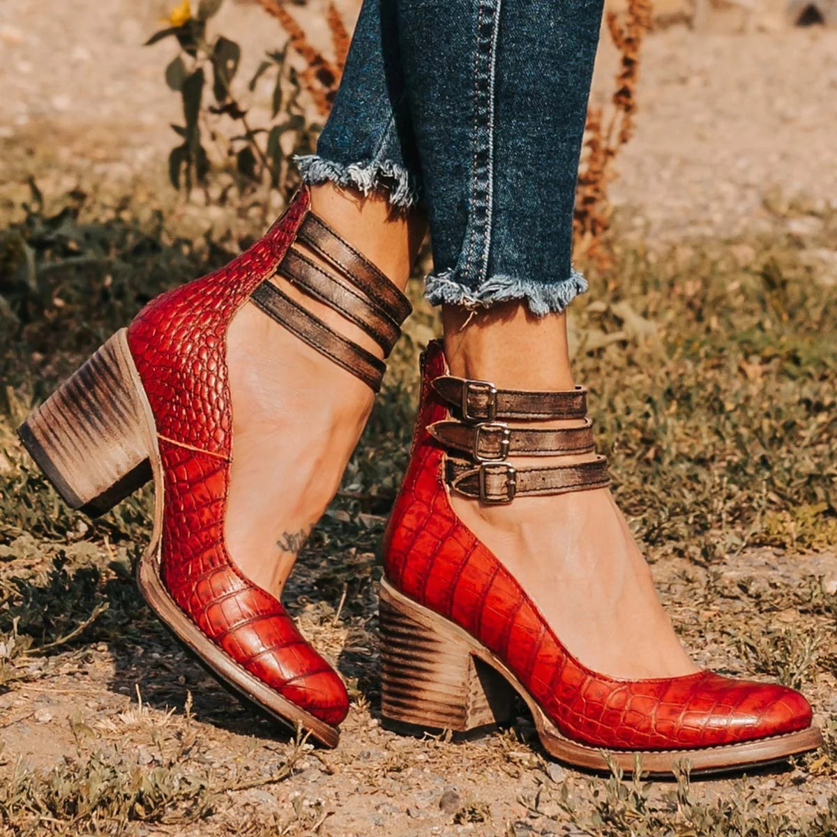 Corinna Ashvale | Tan Leather Block Heel Ankle Boot with Double Buckle Straps