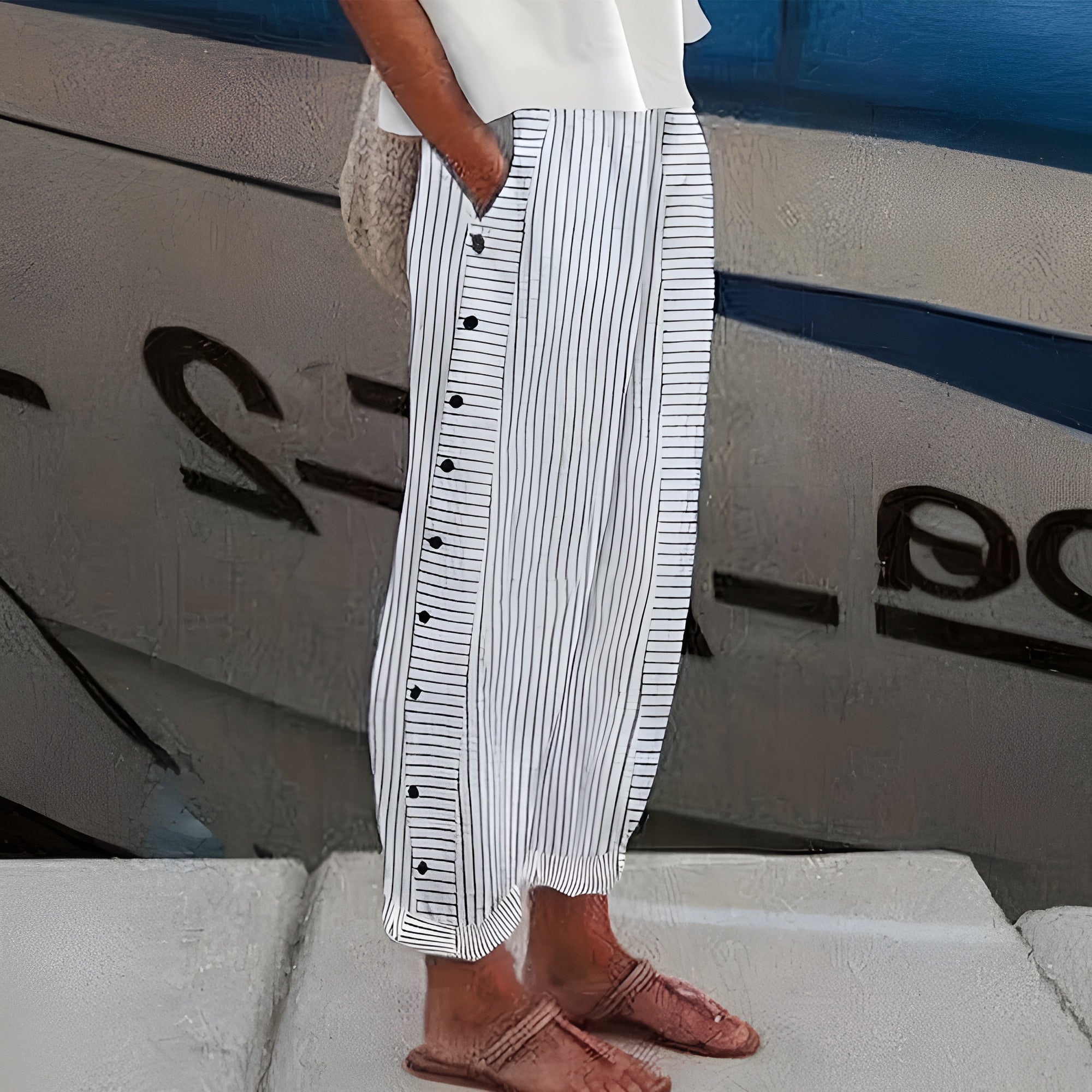 Antoinette Greyvale | Blue Striped Wide-Leg Pants with Side Pockets