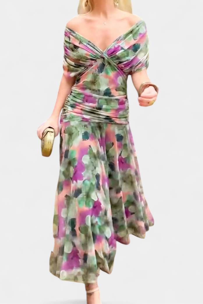 Seraphina Dunvale | Brown Off-Shoulder Ruched Maxi Dress